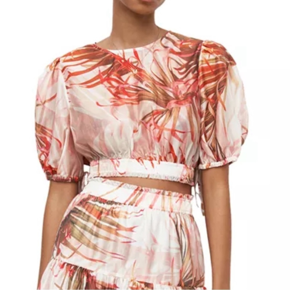 All Saints Pink and Brown Tropical Print Puff-Sleeve Crop Top